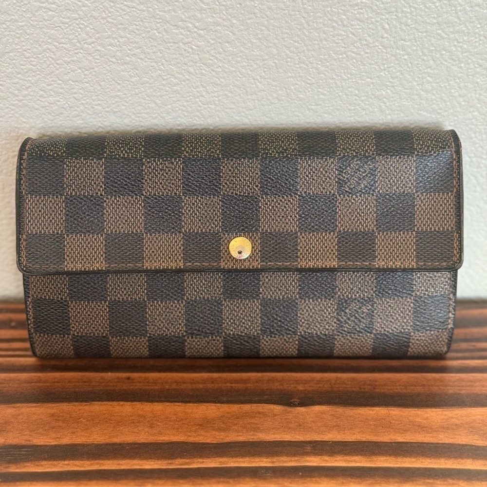 Louis Vuitton Brown Damier Ebene Checkered Continental Wallet with Gold Snap